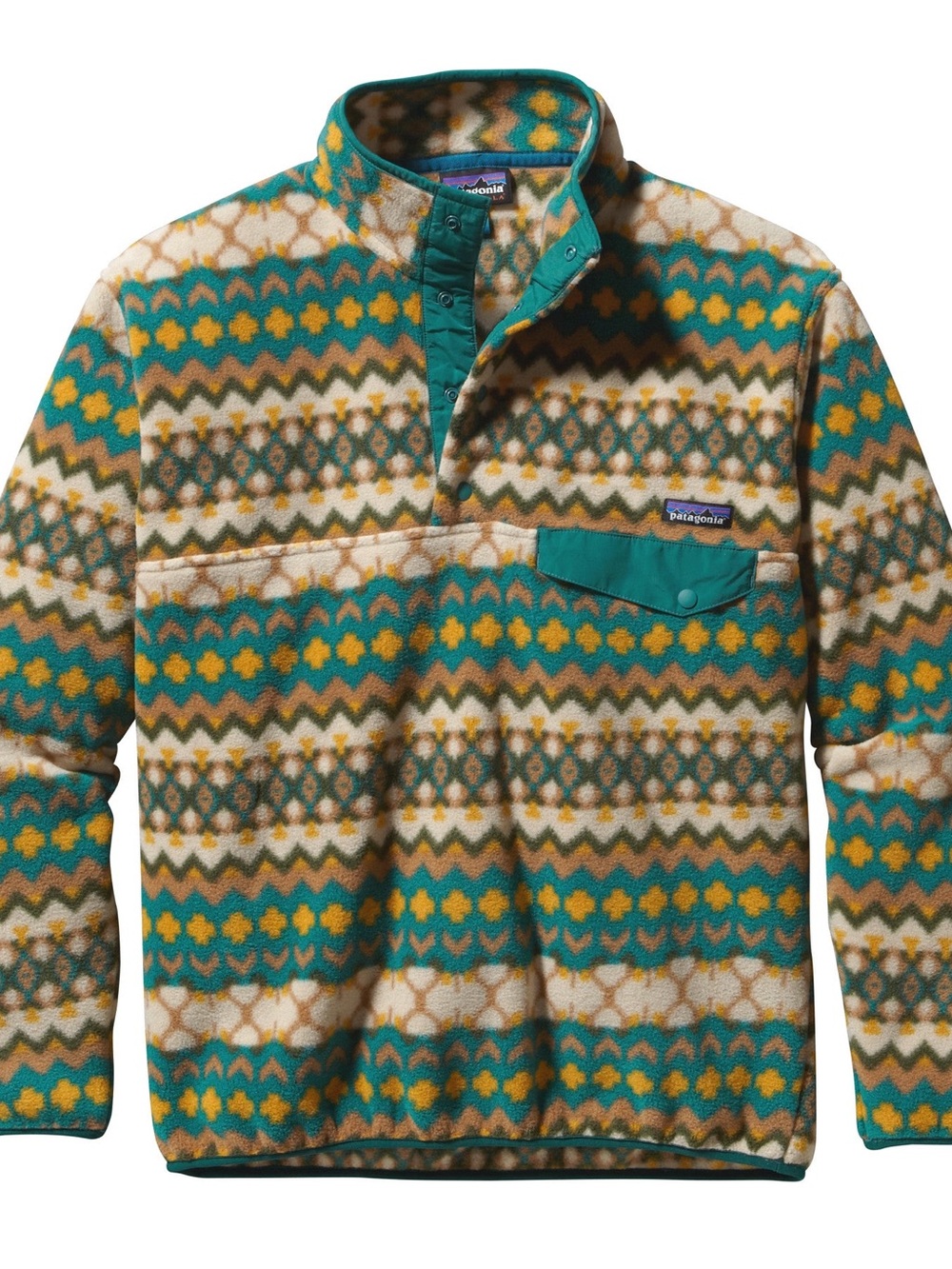 Patagonia Men’s Teal & Mustard Geometric Fleece Snap Pullover